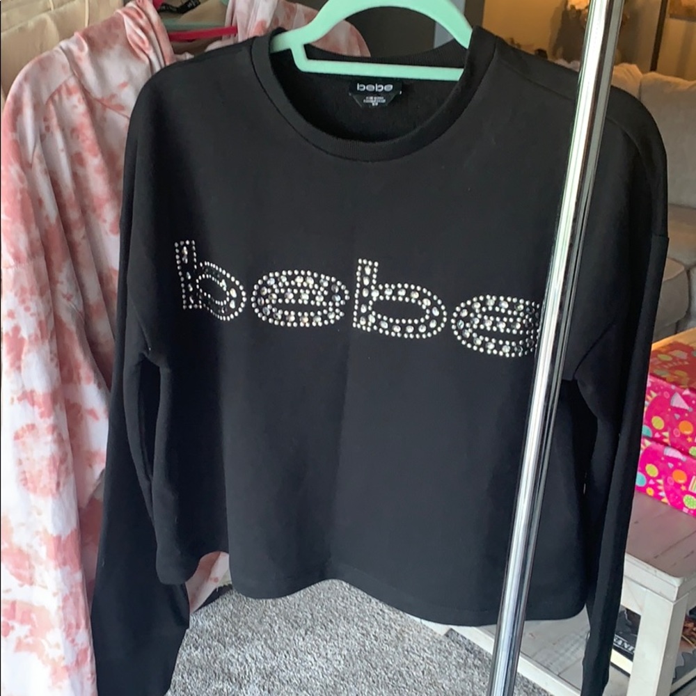 Bebe crystal logo French terry graphic top